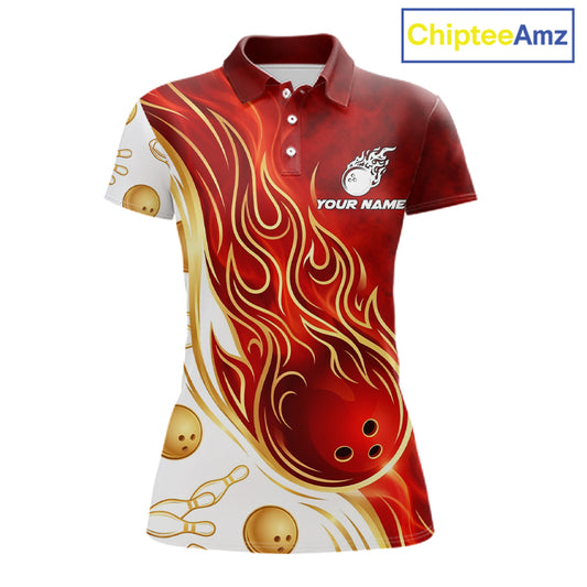 Custom Gold And Red Flames Bowling Team Jerseys, Bowling League Polo & 1/4-Zip Shirt For Women NYN2918