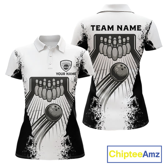 White And Grunge Black Bowling Jerseys For Women Custom Bowling Polo 1/4-Zip Shirt, Gift For Bowlers NYN3127