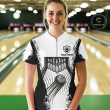 Load image into Gallery viewer, White And Grunge Black Bowling Jerseys For Women Custom Bowling Polo 1/4-Zip Shirt, Gift For Bowlers NYN3127
