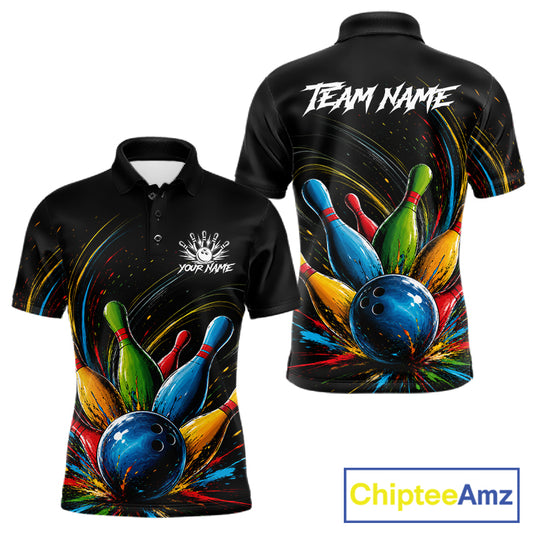 Splatter colorful bowling ball and pins men's bowling polo shirt, custom bowling team jersey, splash bowling league uniform, personalized bowling apparel, bowling tournament shirt, performance bowling polo