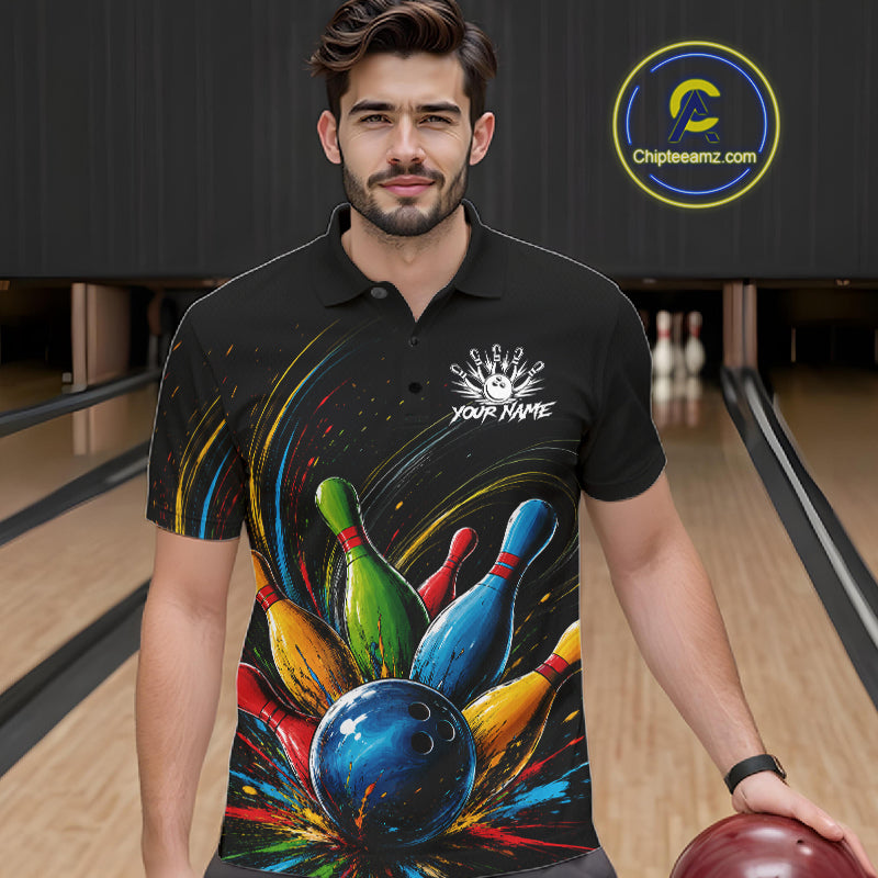 Male bowler wearing splatter colorful bowling ball and pins bowling jersey, custom bowling team shirt, bowling league apparel, tournament bowling outfit