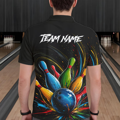 Male bowler wearing splatter colorful bowling ball and pins bowling jersey, custom bowling team shirt, bowling league apparel, tournament bowling outfit