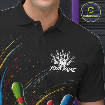 Male bowler wearing splatter colorful bowling ball and pins bowling jersey, custom bowling team shirt, bowling league apparel, tournament bowling outfit