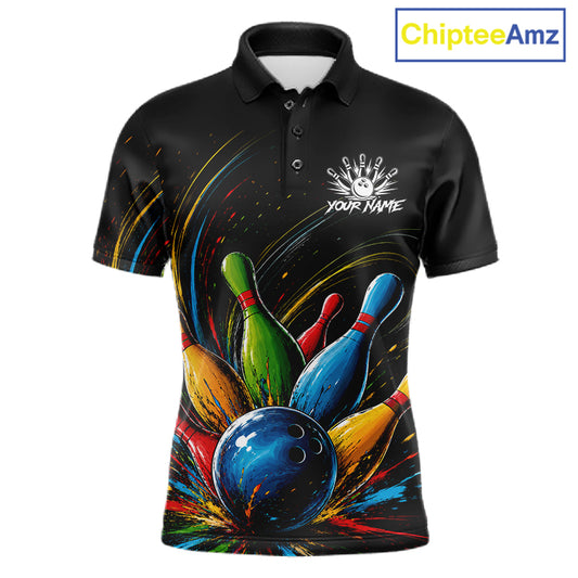 Splatter colorful bowling ball and pins men's bowling polo shirt, custom bowling team jersey, splash bowling league uniform, personalized bowling apparel, bowling tournament shirt, performance bowling polo