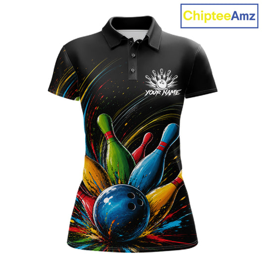 Splatter colorful bowling ball and pins women's bowling polo shirt, custom bowling team jersey, splash bowling league uniform, personalized bowling apparel, bowling tournament shirt, performance bowling polo