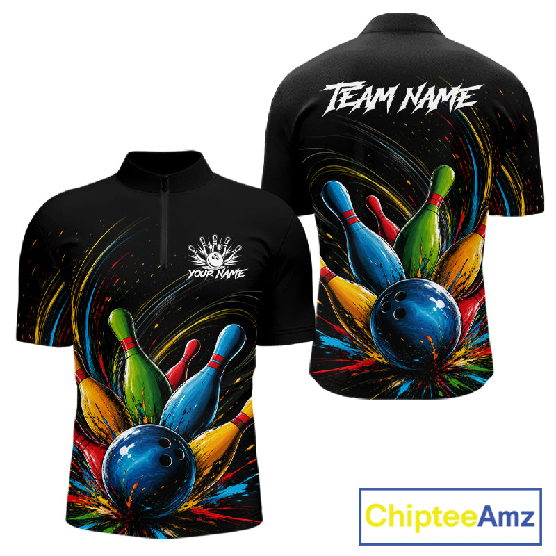 Splatter colorful bowling ball and pins men's bowling quarter-zip shirt, custom bowling team uniform, splash bowling jersey, personalized bowling league apparel, tournament bowling clothing
