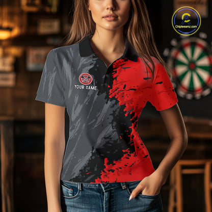 Female model wearing Splatter Red & Grey American Flag darts polo during league tournament, personalized patriotic dart apparel, confidence, precision, USA pride, athletic lifestyle, sports bar competition