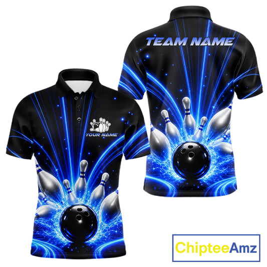 Thunder Bowling Ball And Pins Bowling Polo Shirt For Men Custom Blue Lightning Team Bowling League Jersey Personalized Bowler Apparel