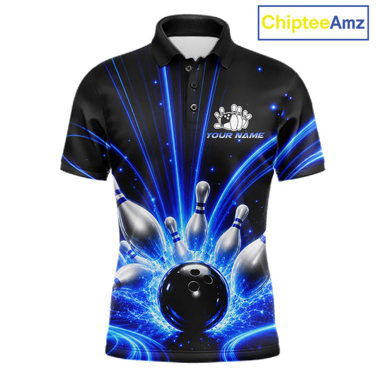 Thunder Bowling Ball And Pins Bowling Polo Shirt For Men Custom Blue Lightning Team Bowling League Jersey Personalized Bowler Apparel