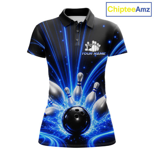 Thunder Bowling Ball And Pins Bowling Polo Shirt For Women Custom Blue Lightning Bowling Team Jersey Personalized League Apparel
