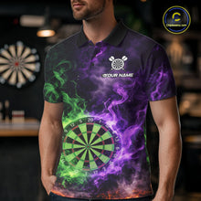 Load image into Gallery viewer, Green And Purple Flames Dartboard &amp; Arrow Men Darts Team Shirt Personalized Dart Polo Jerseys NYN2572