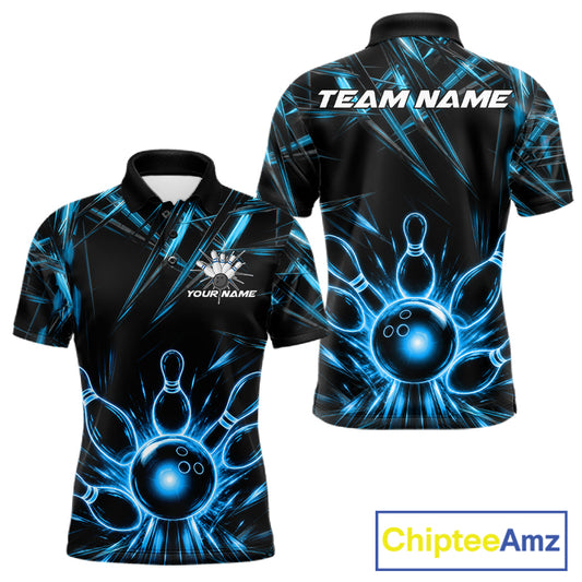 Black and Blue Neon bowling ball and pins men's polo shirt custom bowling team jersey, personalized bowling league shirt, neon bowling apparel