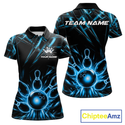 Black and Blue Neon bowling ball and pins women's polo shirt custom bowling team jersey, personalized bowling league shirt, neon bowling apparel