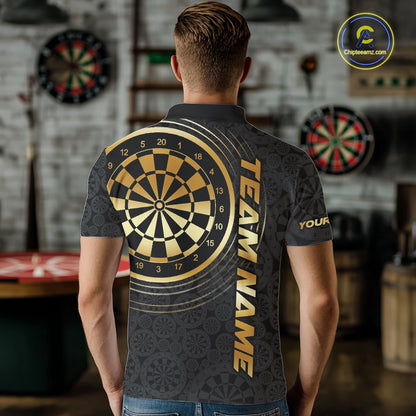 Black & Gold Gradient Dartboard Mens Dart Polo Quarter Zip Shirts Custom Team Name Dart Jerseys NYN3630