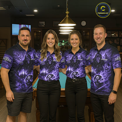 Fire Flames Purple Grim Reaper Skull 8 Ball Pool Women Billiard Shirt Personalized Billiard Team Names NYN2736