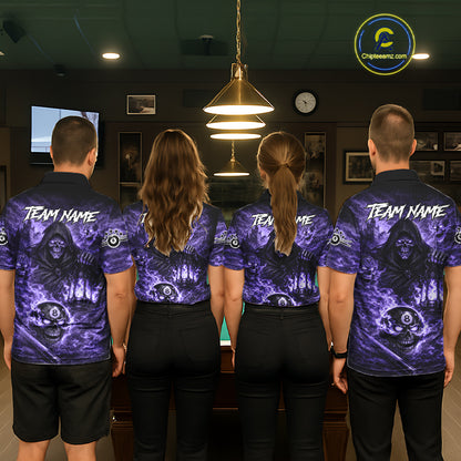 Fire Flames Purple Grim Reaper Skull 8 Ball Pool Women Billiard Shirt Personalized Billiard Team Names NYN2736