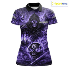 Load image into Gallery viewer, Fire Flames Purple Grim Reaper Skull 8 Ball Pool Women Billiard Shirt Personalized Billiard Team Names NYN2736