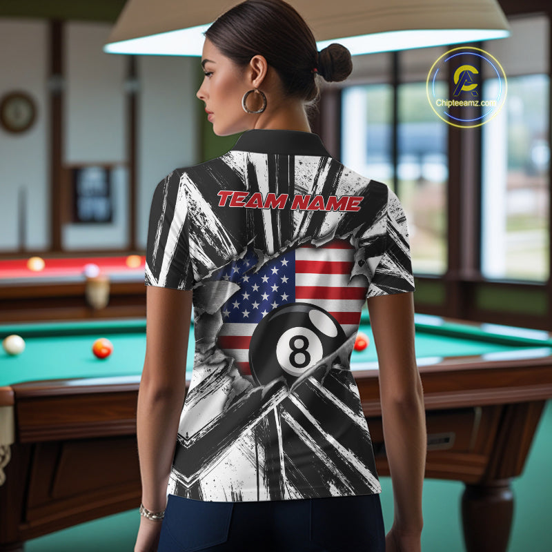 Female billiard player wearing Torn US Flag 8 Ball custom billiard jersey