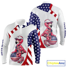 Load image into Gallery viewer, Flamingo Custom Name White American Flag Patriotic Golf Mens Polo Shirt, Flamingo Golf Clothing For Mens NYN2960