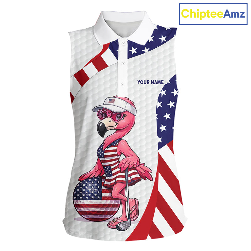 Flamingo Custom Name White American Flag Patriotic Golf Womens Sleeveless Polo Shirt, Flamingo Golf Clothing For Womens NYN2960