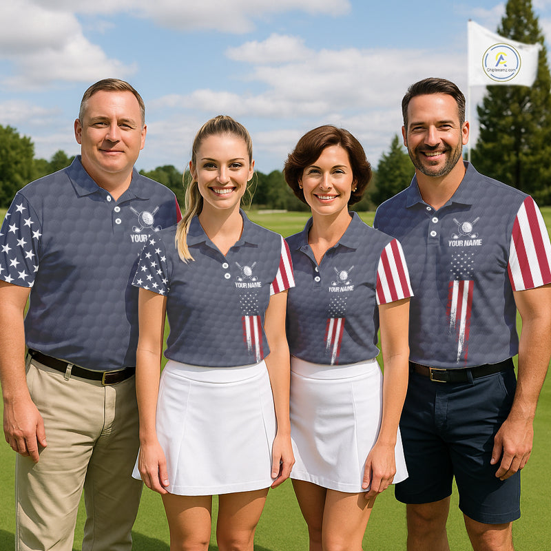 Mixed golf team wearing matching American flag golf polos with grey golf ball pattern, custom golf uniforms for tournaments, corporate golf outings, charity events, representing unity, patriotism and team excellence.