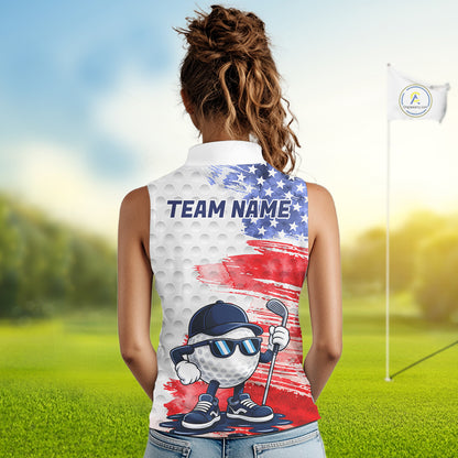 Female golfer wearing artistic patriotic golf polo featuring colorful splash golf ball artwork, perfect for women's golf leagues, charity tournaments and Independence Day celebrations.
