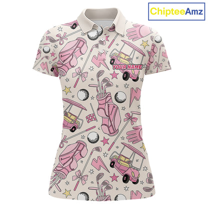 Women's golf polo with elegant pink golf club graphics, custom performance golf shirt for ladies golf leagues, Mother's Day gifts, golf outings and team uniforms.