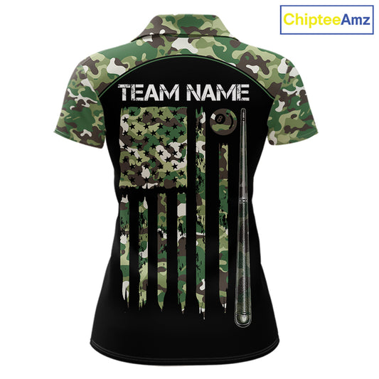 US Flag Camouflage 8 Ball Pool Billiard Polo & Quarter-Zip Custom Billiard Team Attire For Women NYN2748