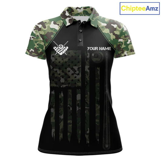 US Flag Camouflage 8 Ball Pool Billiard Polo & Quarter-Zip Custom Billiard Team Attire For Women NYN2748