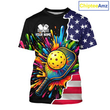 Load image into Gallery viewer, Custom American flag patriotic pickleball tshirt for men colorful splatter pickleball jersey black