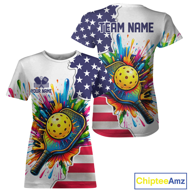 Custom American flag patriotic pickleball tshirt for women colorful splatter pickleball jersey white