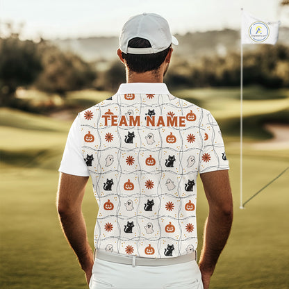 Male golfer wearing Funny Cat Halloween golf polo, golf tournament apparel, custom golf uniform, golf outing clothing