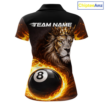 Yellow Flames Crown Lion Pool 8 Ball Women Billiard Polo & 1/4-Zip Shirt Custom Billiard Attire NYN2605