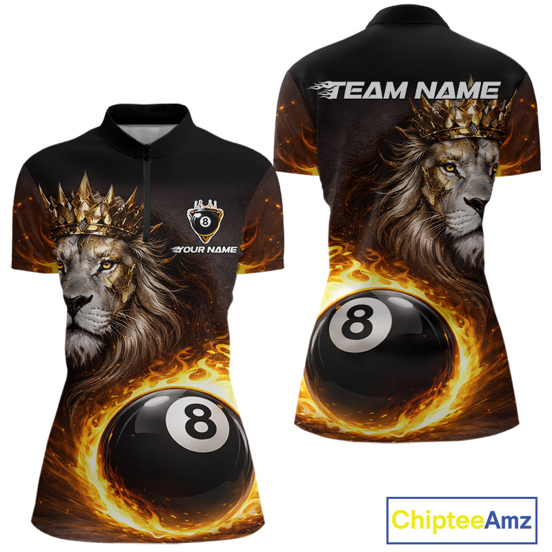 Yellow Flames Crown Lion Pool 8 Ball Women Billiard Polo & 1/4-Zip Shirt Custom Billiard Attire NYN2605