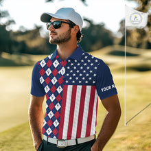 Load image into Gallery viewer, Mens Golf Polo Shirts American Flag Patriotic Custom Golf Ball Argyle Pattern Mens Golf Polos NYN3381