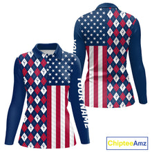 Load image into Gallery viewer, Womens Golf Polo Shirts American Flag Patriotic Custom Golf Ball Argyle Pattern Womens Golf Polos NYN3381