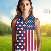 Load image into Gallery viewer, Womens Golf Sleeveless Polo Shirts American Flag Patriotic Custom Golf Ball Argyle Pattern Womens Golf Polos NYN3381