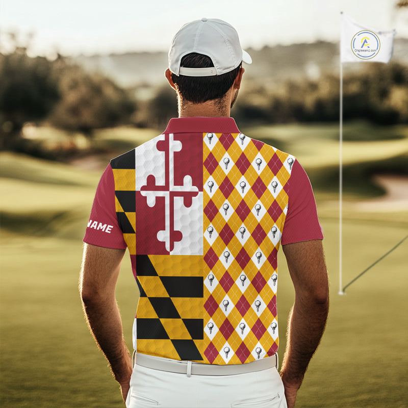 Mens Golf Polo Shirts Maryland Flag Patriotic Custom Golf Ball Argyle Pattern Mens Golf Polos NYN3382