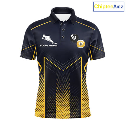 Men's billiard polo featuring yellow lightning, Yin Yang artwork with 8 ball and 9 ball graphics, personalized pool apparel for APA leagues, Zen lifestyle enthusiasts and tournament players, symbolizing balance, focus and precision.