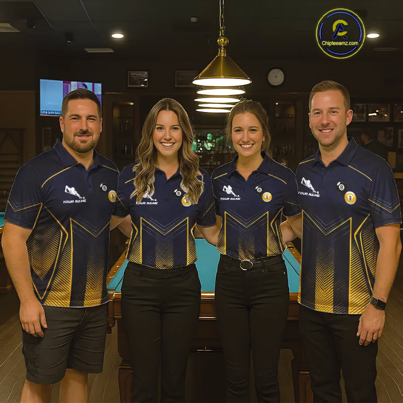 Men women pool team wearing matching Yin Yang billiard jerseys for league championships, representing teamwork, balance, discipline and competitive excellence.