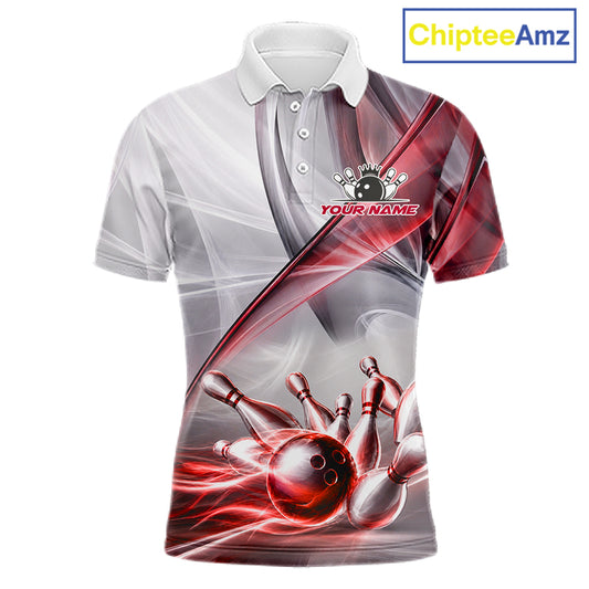 Men's bowling polo featuring white and red smoke with realistic bowling ball and pins, personalized bowling apparel for USBC tournaments, league bowlers, custom team uniforms and championship competitions, symbolizing passion, power and victory.