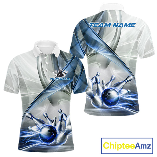 Men's bowling polo featuring white and blue smoke with bowling ball and pins, personalized performance bowling shirt for bowling leagues, USBC championships, bowling clubs and team uniforms, symbolizing trust, precision and teamwork.