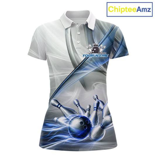 Women's bowling polo featuring white and blue smoke with realistic bowling ball and pins, personalized bowling shirt for USBC leagues, bowling clubs, tournaments and custom team apparel, symbolizing trust, precision and teamwork.