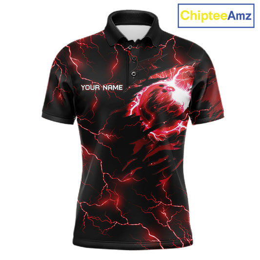Men's bowling polo featuring fierce red thunder lightning tiger with bowling graphics, personalized performance bowling shirt for tiger lovers, league bowlers, championship tournaments and competitive athletes, symbolizing strength, courage and leadership.