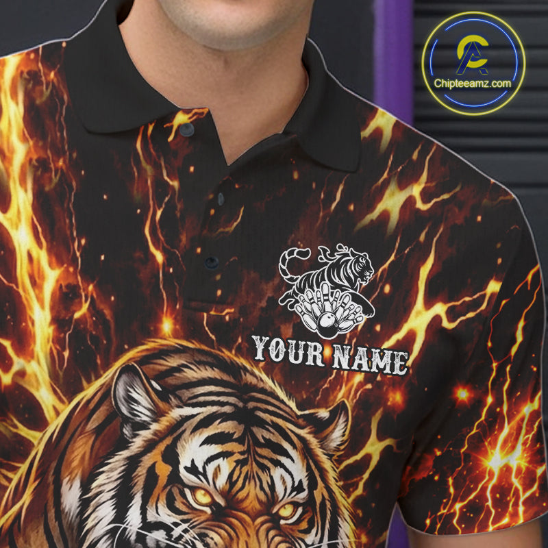 Custom Orange Fire Flaming Tiger Bowling Shirts For Men Tiger Bowling Tournament Shirt NYN3944