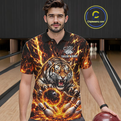 Custom Orange Fire Flaming Tiger Bowling Shirts For Men Tiger Bowling Tournament Shirt NYN3944