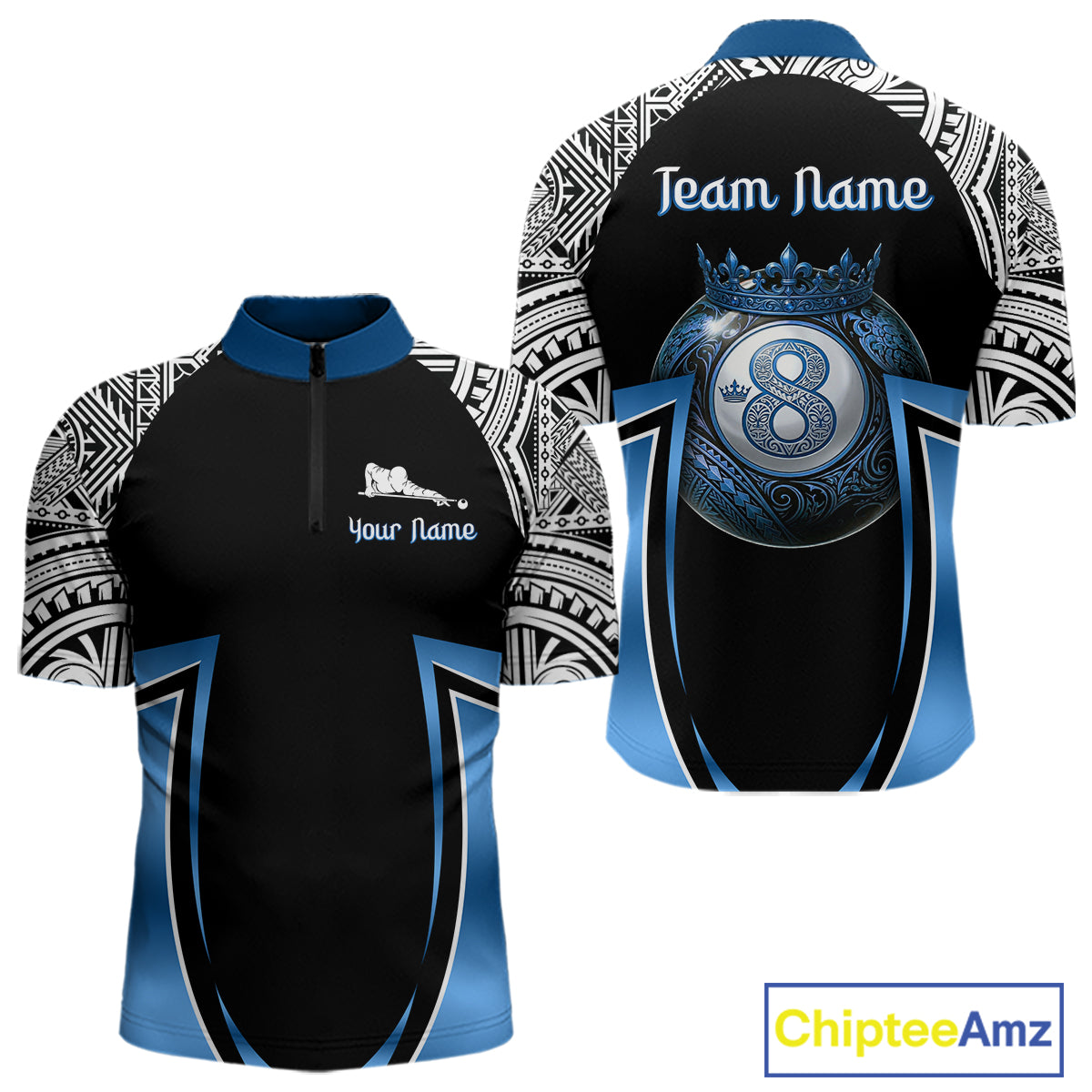 Blue Tribal 8 Ball Billiard Shirt For Men Personalized Tribal Pool Polo & 1/4-Zip Team Jersey NYN2984