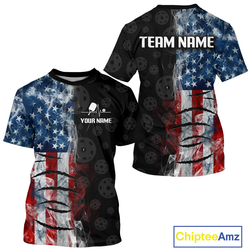 Smoke American Flag Pickleball Shirt For Men Patriotic Pickleball Team Apparel