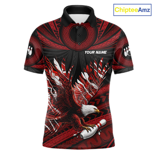 Custom Red Tribal Pattern Polynesian Eagle Bowling Men Polo Quarter-Zip Shirts, Bowling Team Attire NYN3687