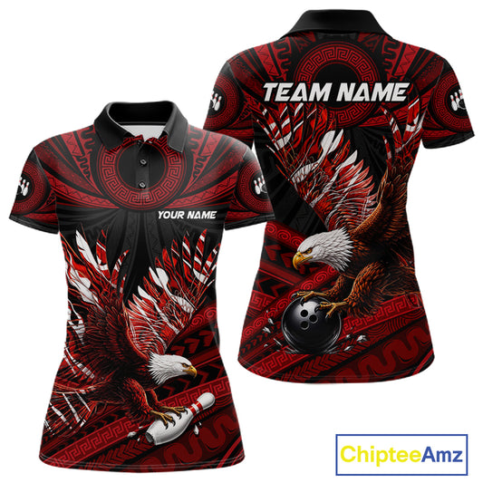 Custom Red Tribal Pattern Polynesian Eagle Bowling Women Polo Quarter-Zip Shirts, Bowling Team Attire NYN3687